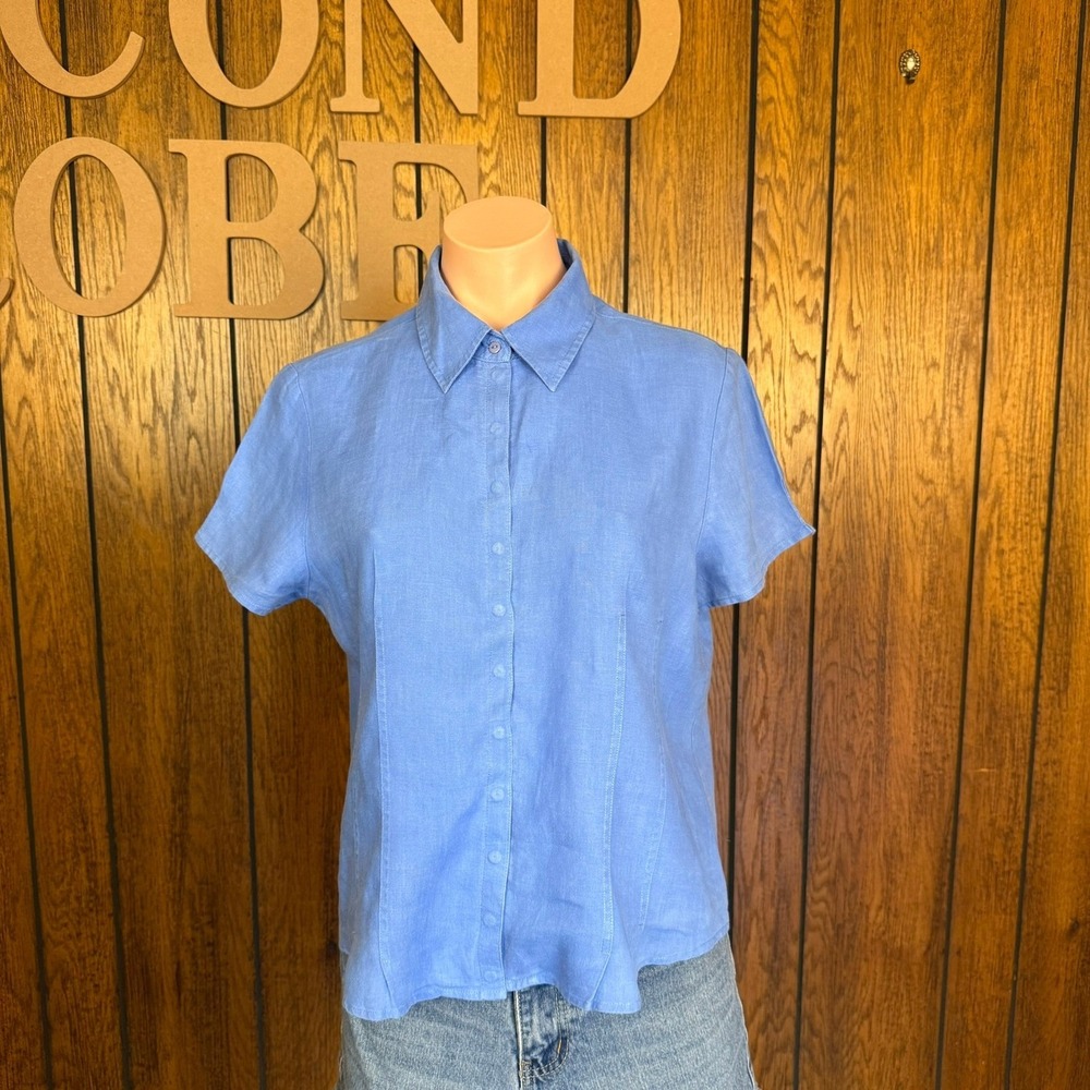Relativity Design Lab Linen Shirt Womens M Blue Coastal Cottagecore Preppy Top